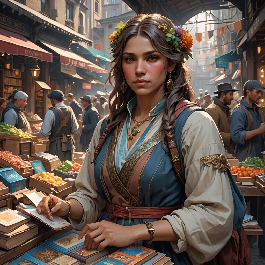 Detailed Portrait of Book Merchant in Busy Market