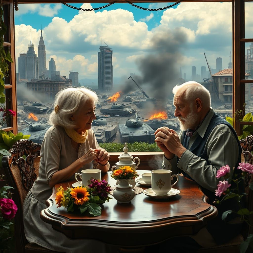 Serene Morning Amidst War-Torn Ruins