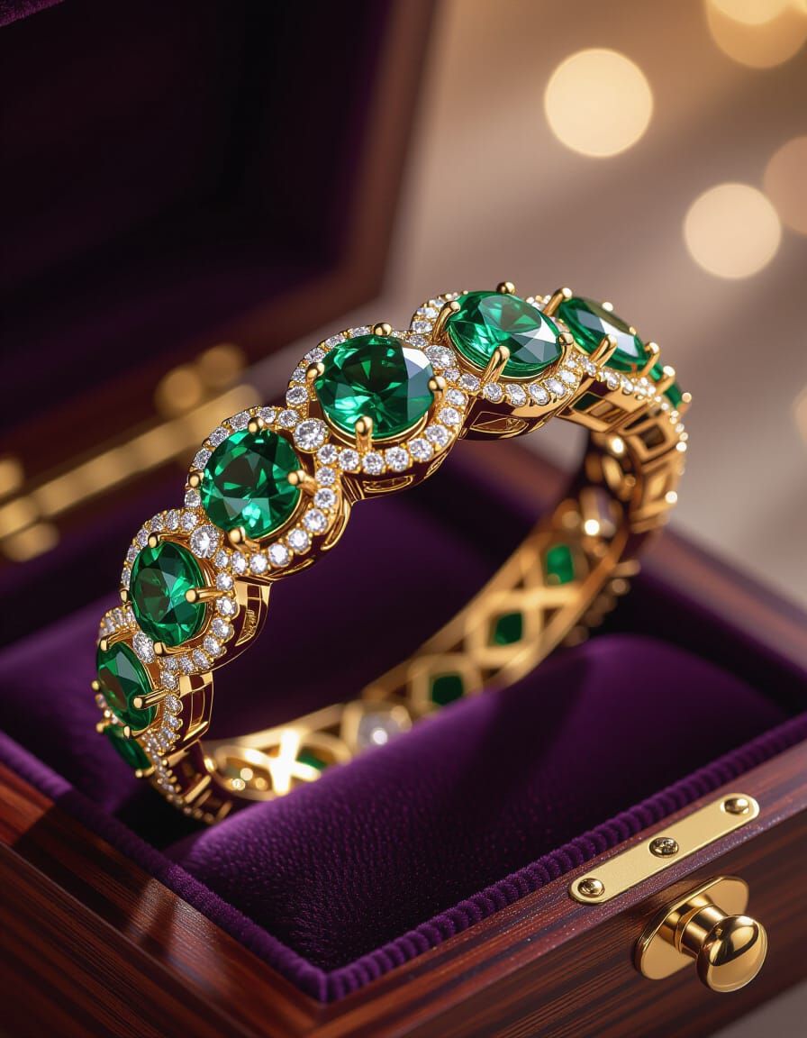 Intricate Emerald and Diamond Bangle in 3D Style