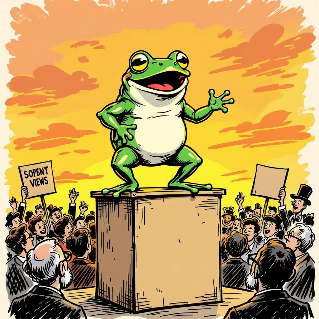Frog Orator in Steadman-esque Editorial Illustration