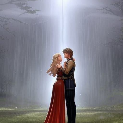 Fantasy Kiss in the Rain: Hyperrealistic Digital Art