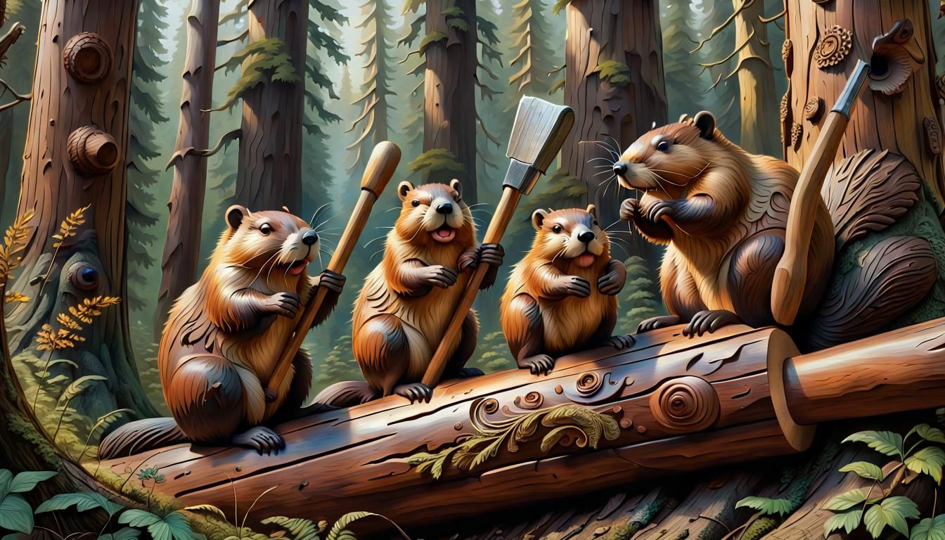 Beavers Carving Wooden Animals: Photorealistic Wood Relief