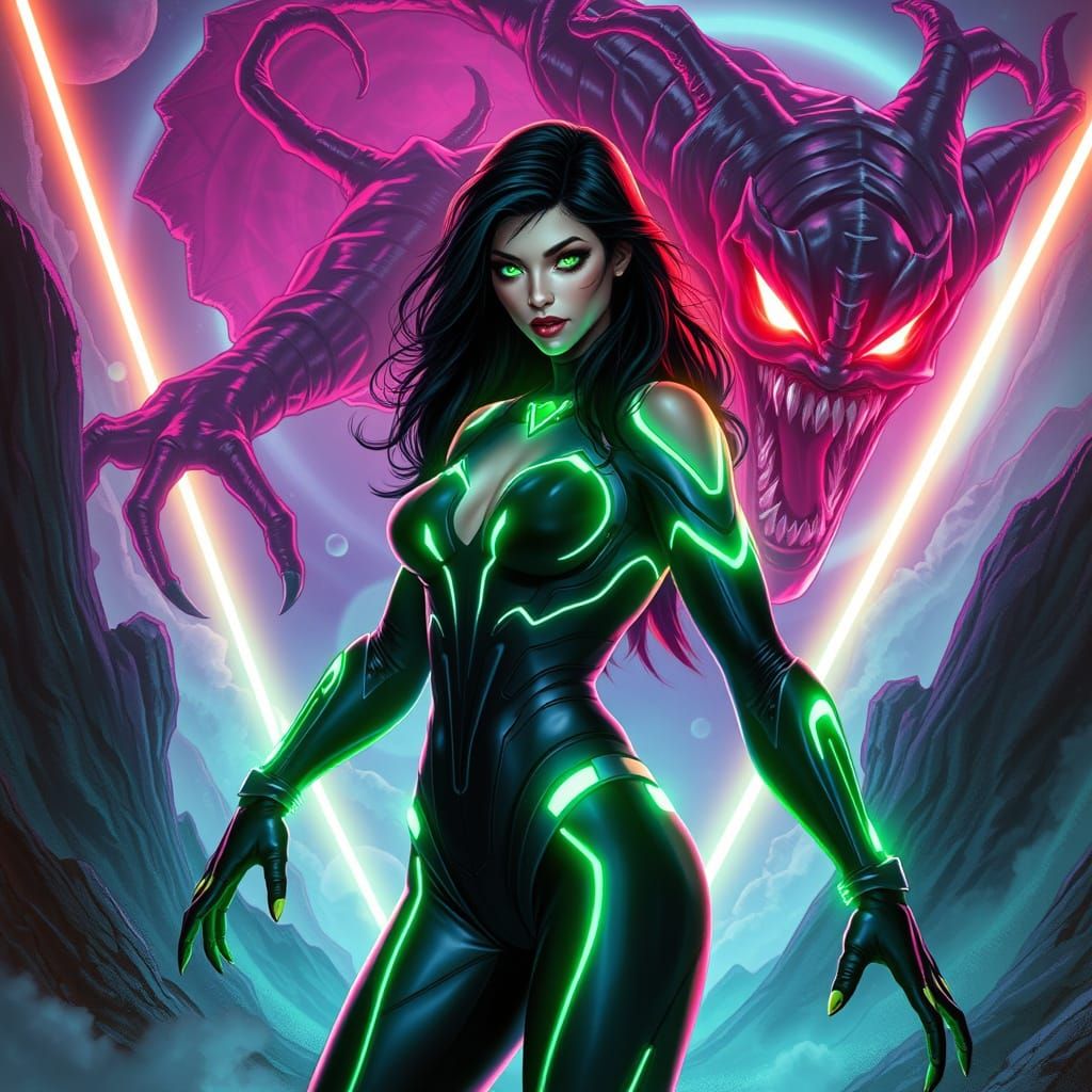 Glowing Female Superhero Encounters Cosmic Nightmare in Neon...