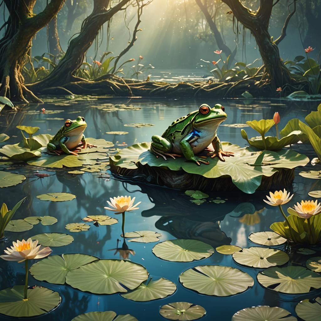 Iridescent Frogs Hopping in Fantasy Landscape