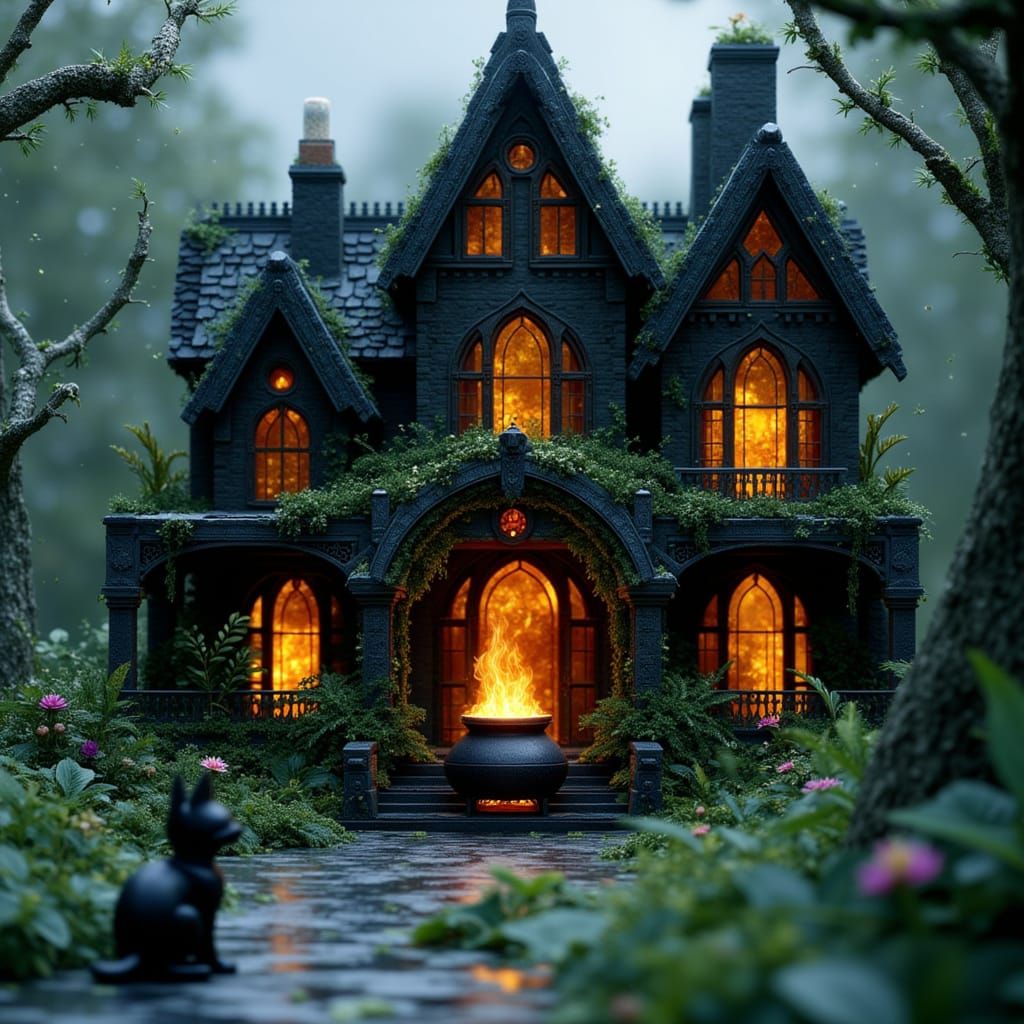 Spooky Lego Ruined Mansion with Witches and Cauldron