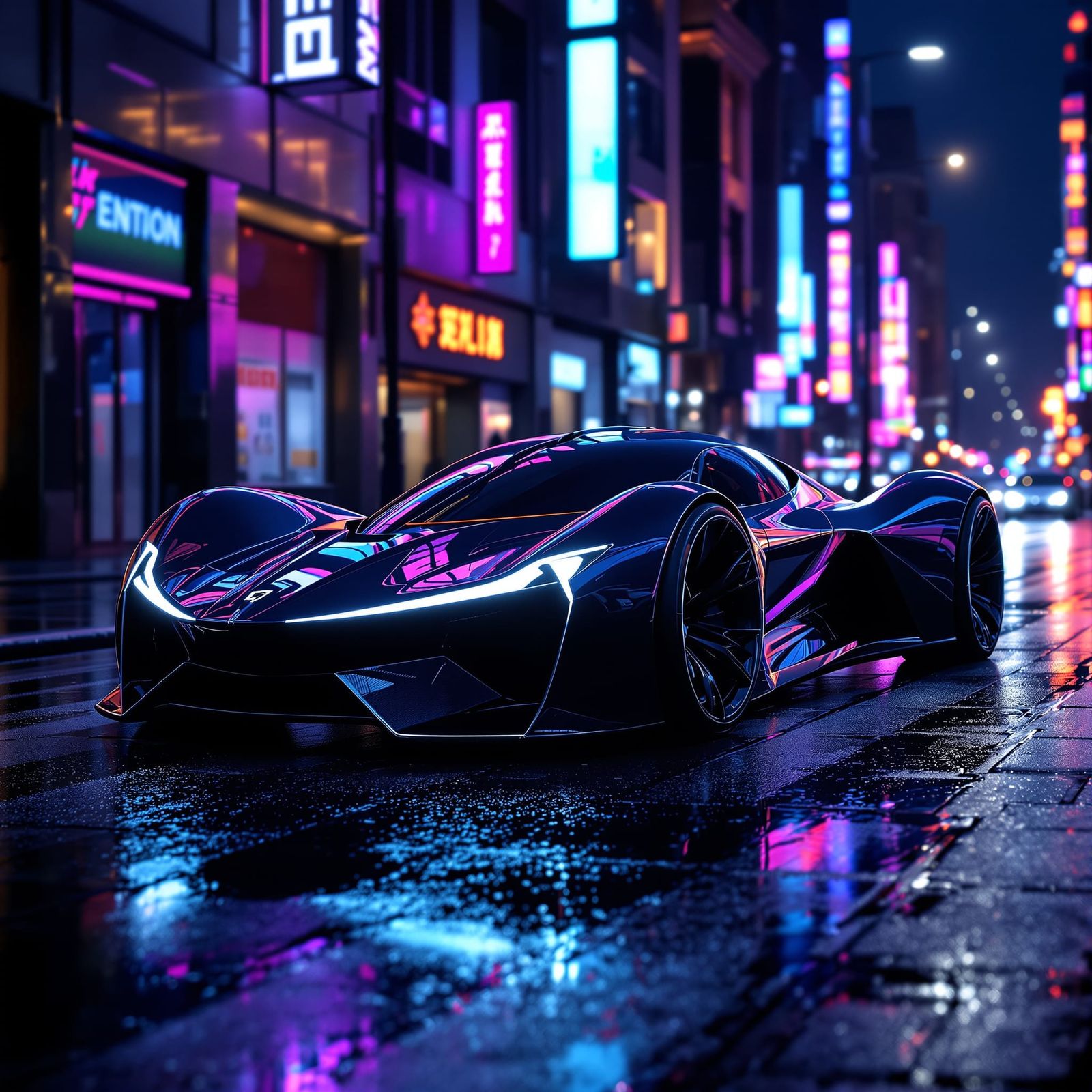 Futuristic Obsidian Concept Car on Neon City Street