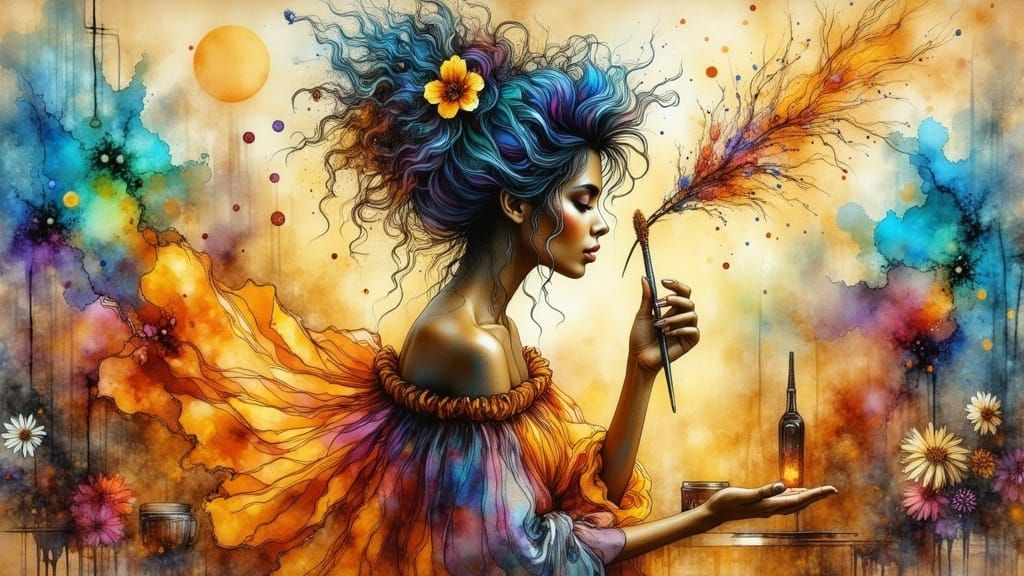 Surrealist Artist Unshackled in Vibrant Watercolor Dreamscap...