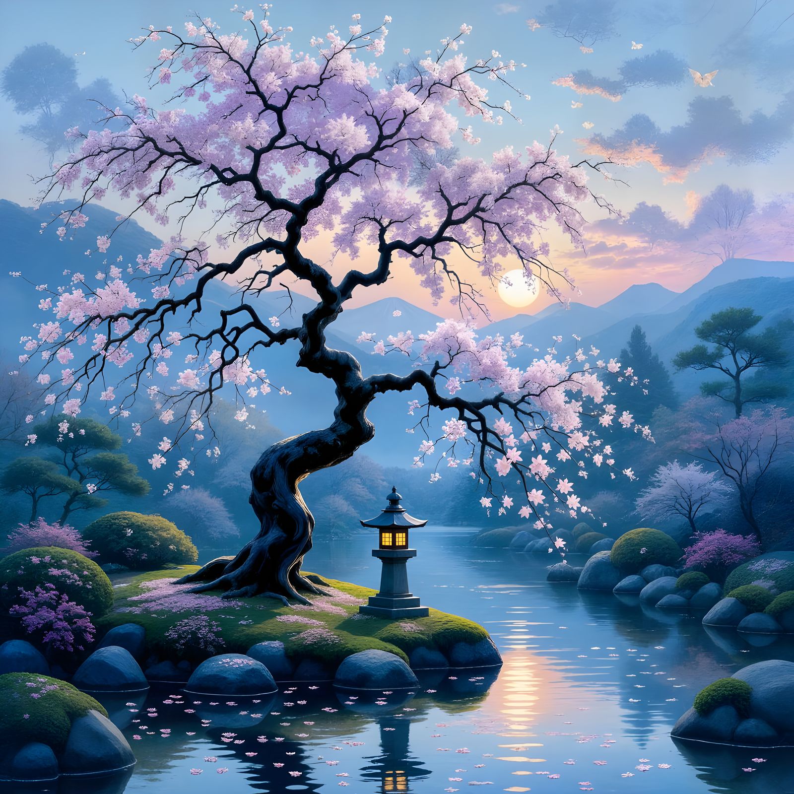 Ancient Tree in Serene Japanese Garden at Twilight