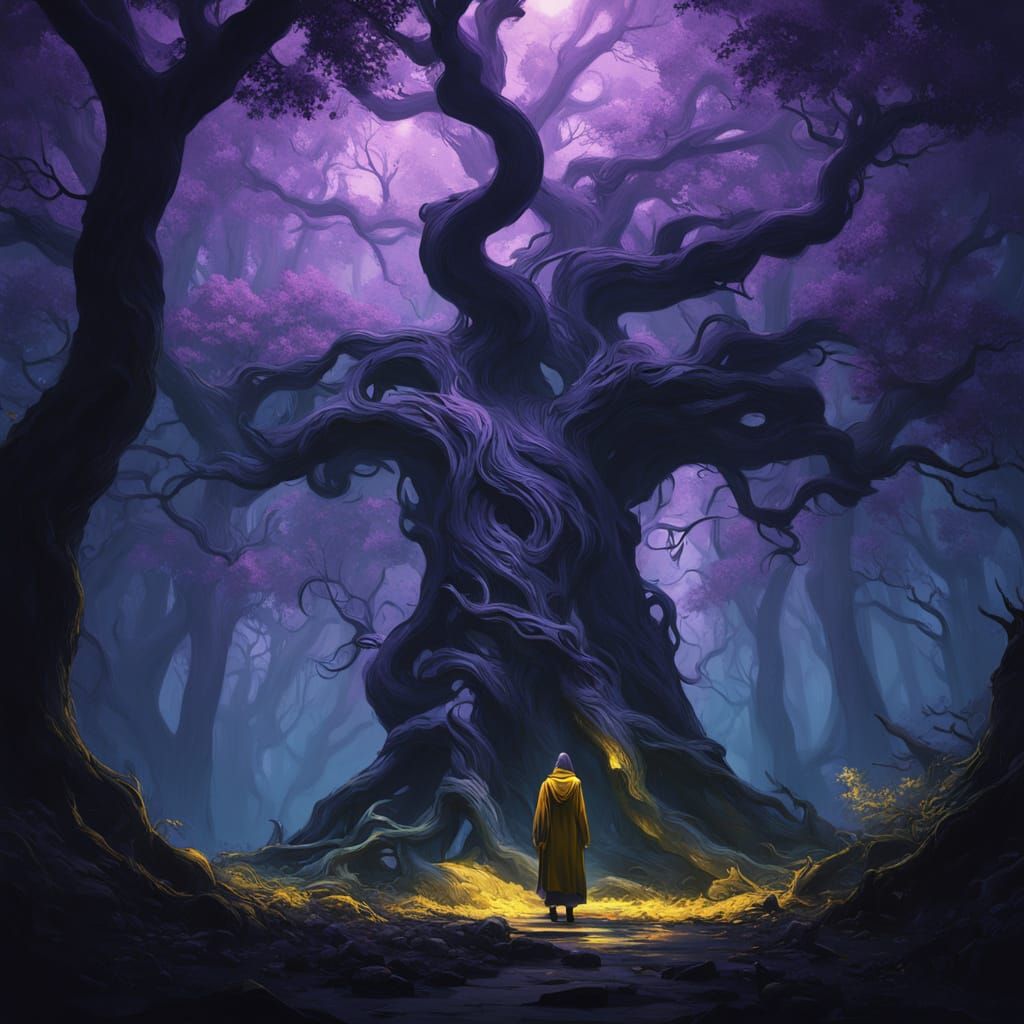 Dark Figure in Mystical Forest with Glowing Runes