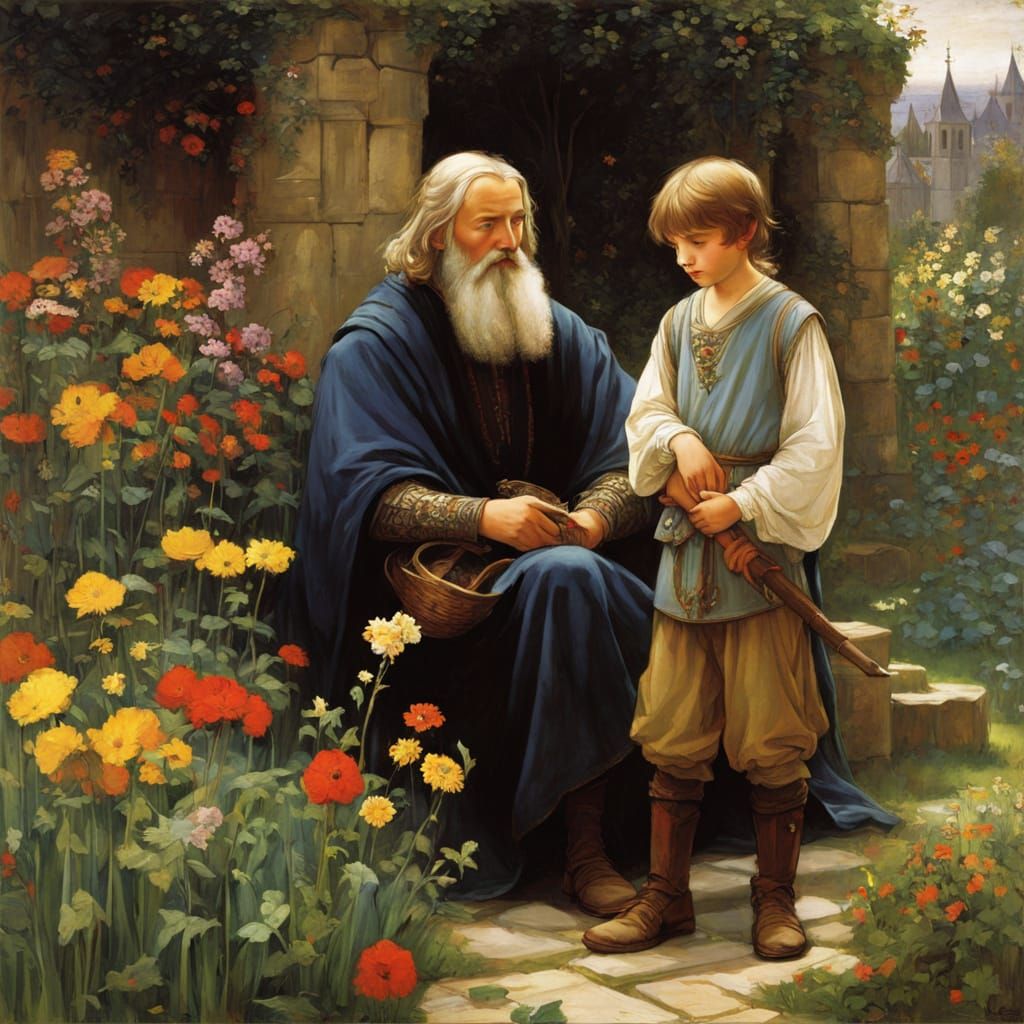 Father and Son Stroll in a Vibrant Medieval Garden