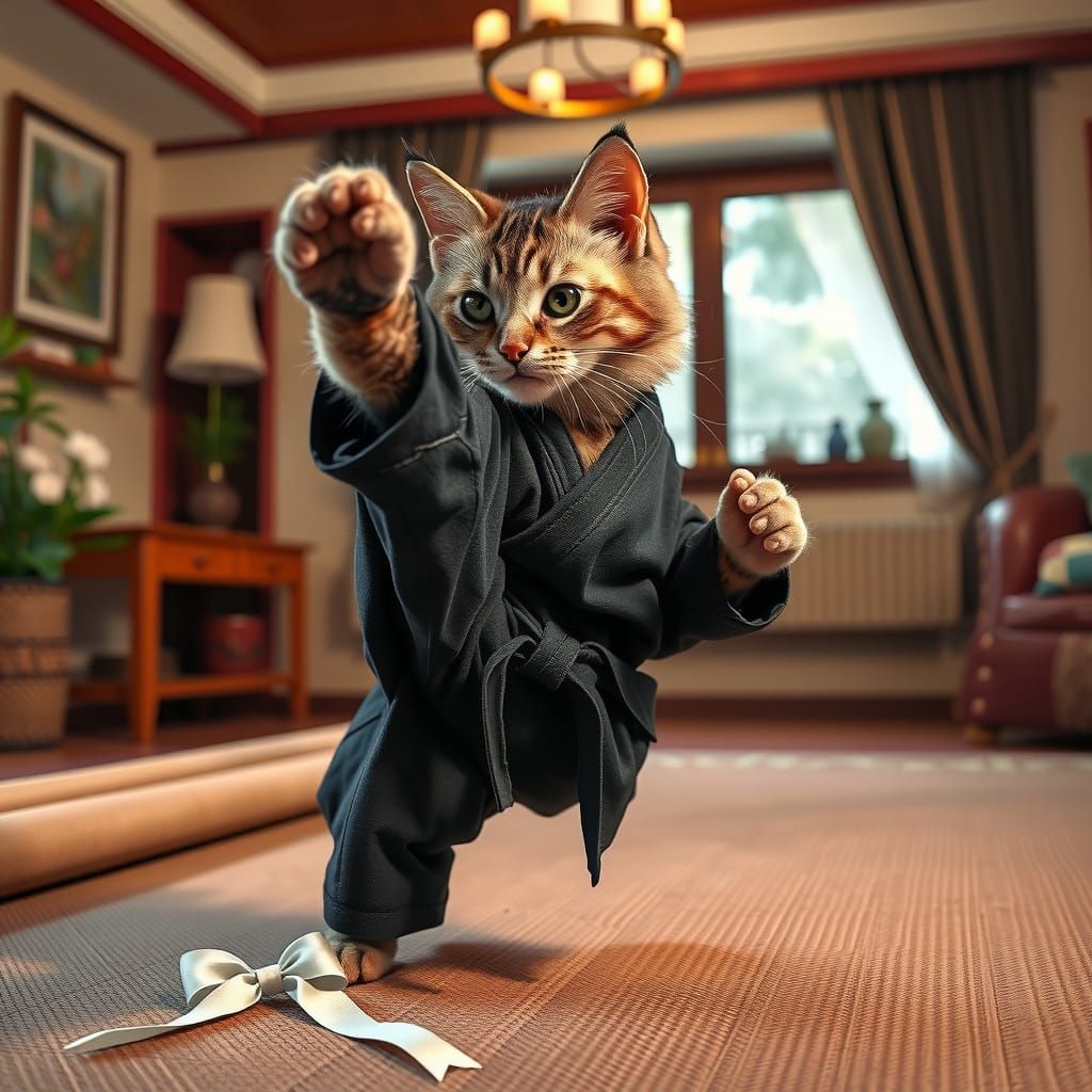 Feline Taekwondo Master in Elegant Black Uniform