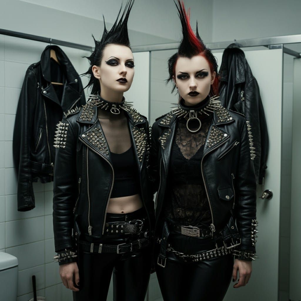 Punk Fashion in a White Bathroom: Cinematic Film Still