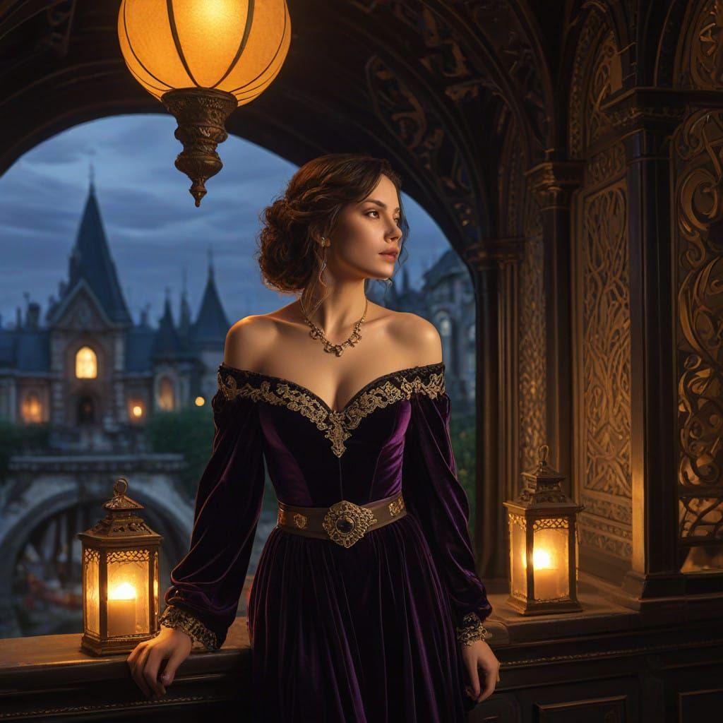 Ethereal Lady in Gothic Revival Attire, Lost in Thought at t...