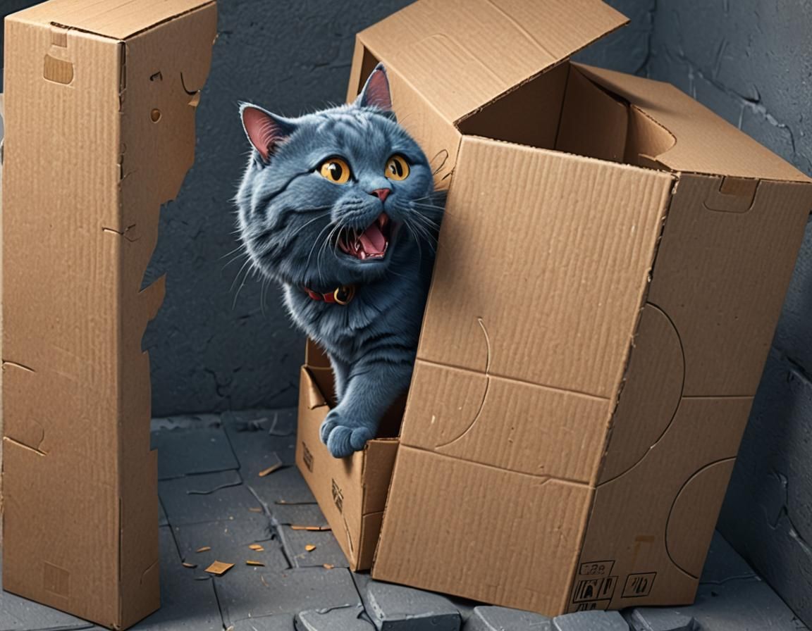 Cartoon Blue Cat in Cardboard Box