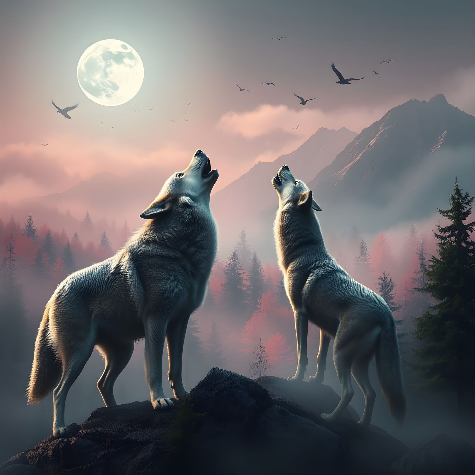 Wolves Howling at Moon in Misty Forest: Digital Art