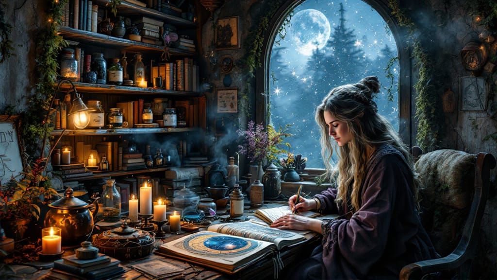 Cozy Witch's Study Under Starlit Sky