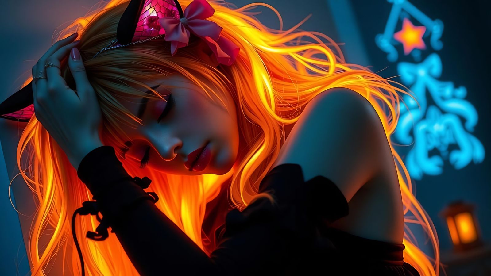 Gothic Fire Elemental Girl with Cat Features