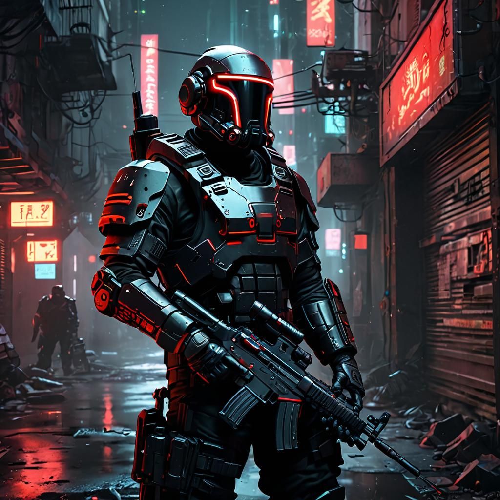 Cyberpunk Soldier in Gritty Urban Alleyway