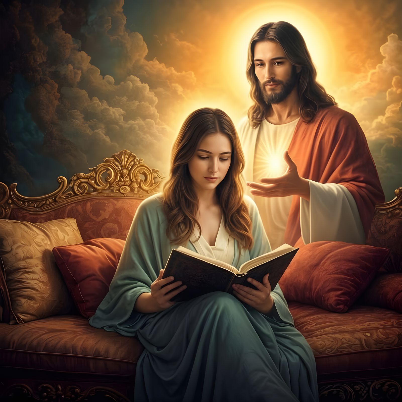 Divine Peace Serene Woman Reading Bible in Golden Glow