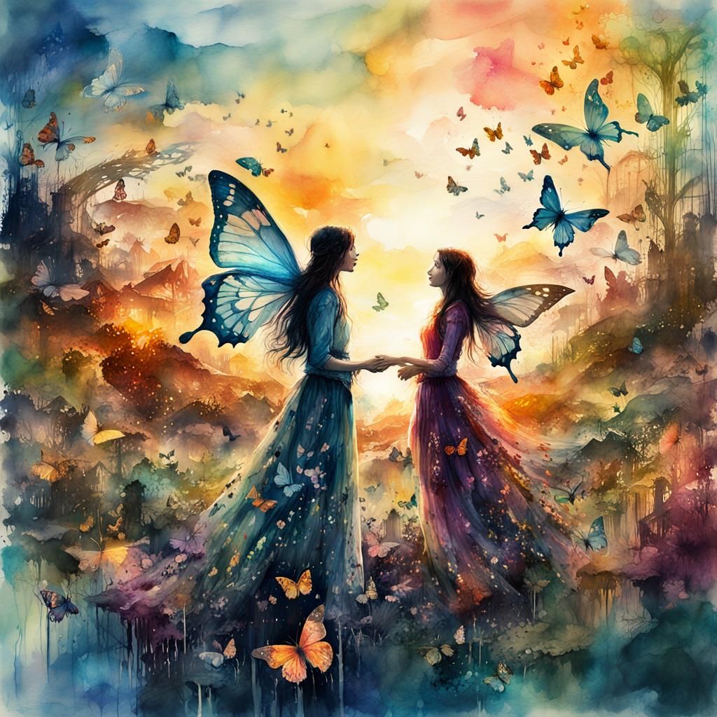 Butterfly Fairytale Sunset in Digital Watercolor Style