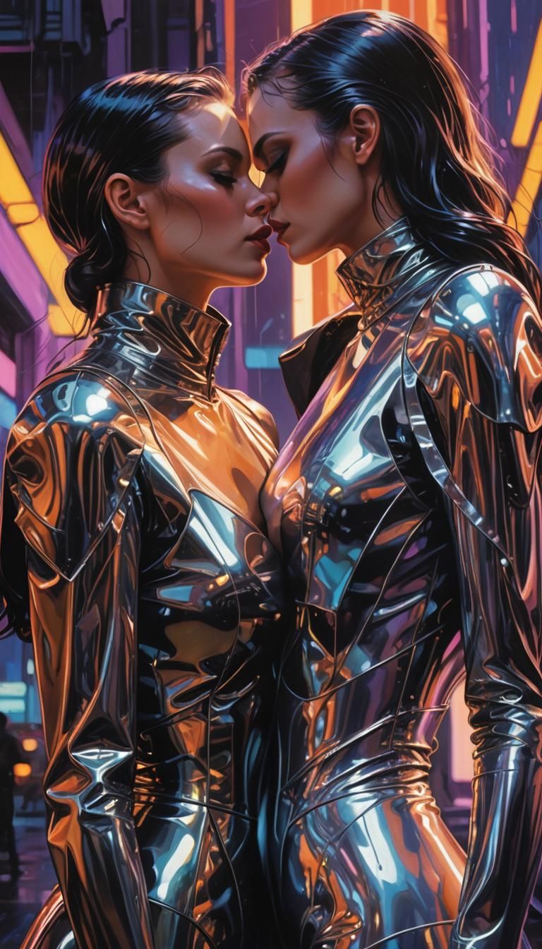 Futuristic Embrace: Women in Latex, Hyperrealistic Art