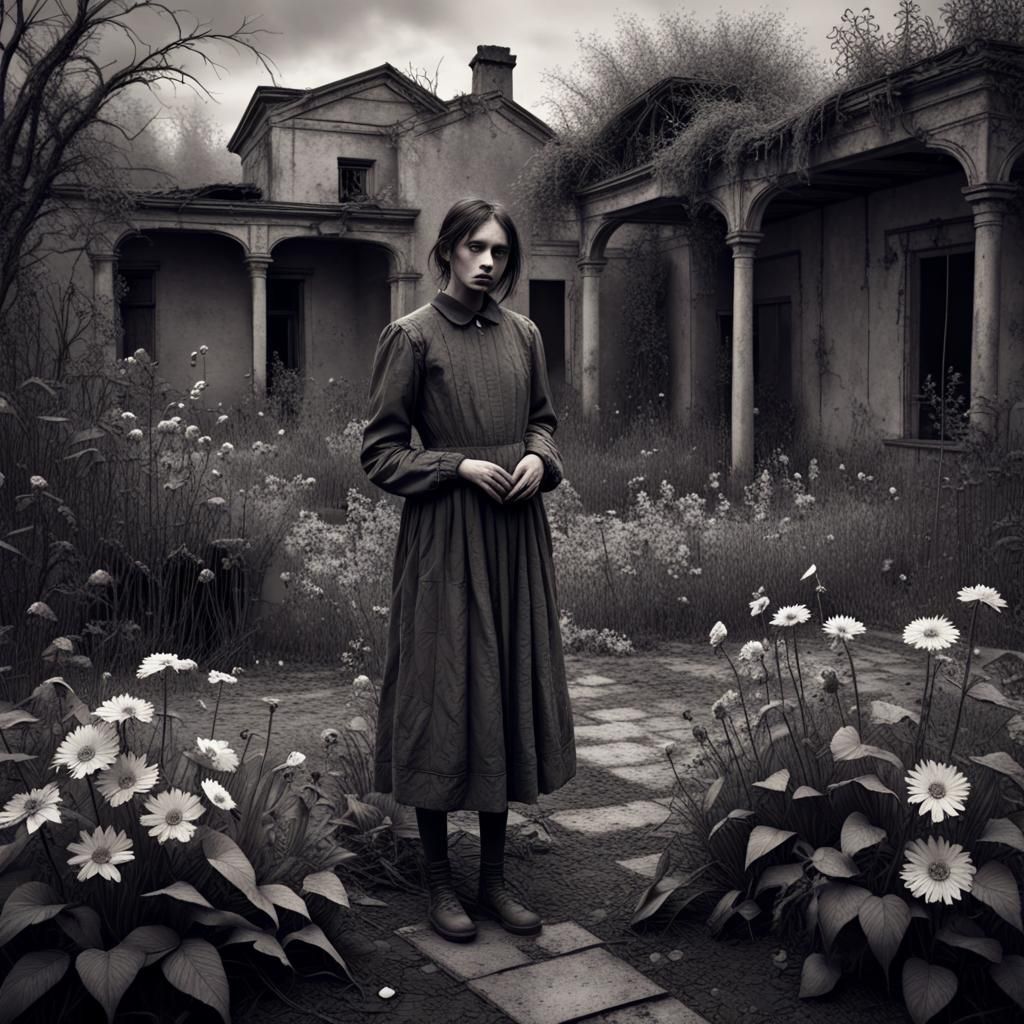 Desolate Figure in Overgrown Garden: Charcoal Drawing