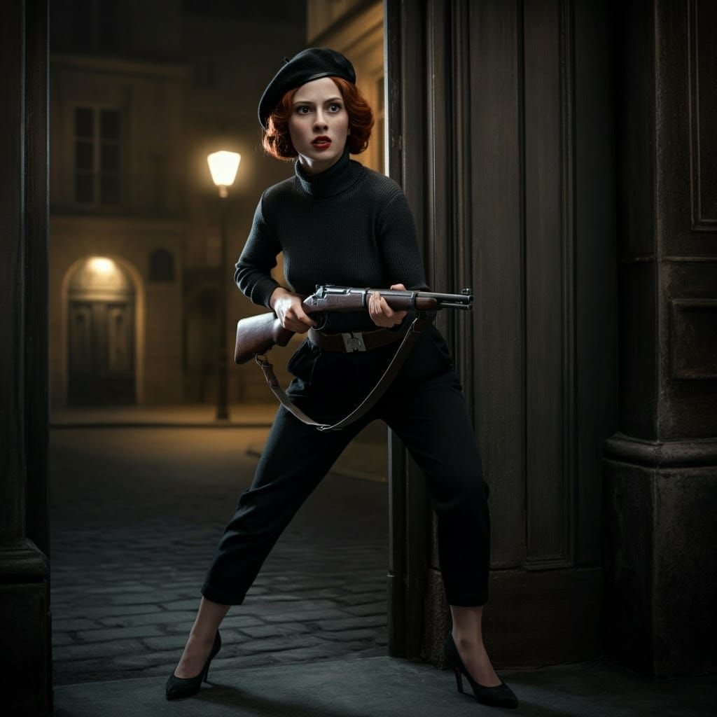 Vintage Woman with Rifle in Wartime Paris