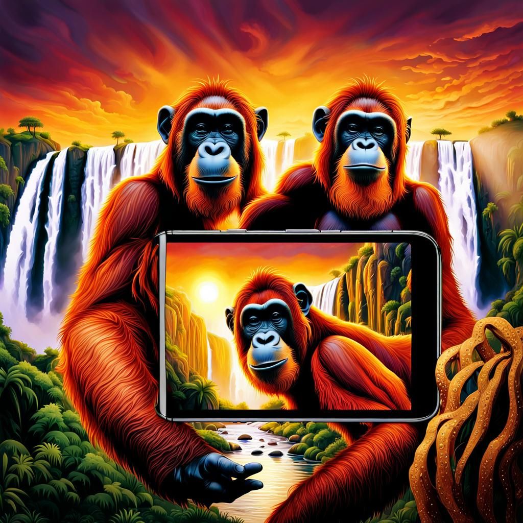 A human couple take a selfie and an orangutan in a top hat h...