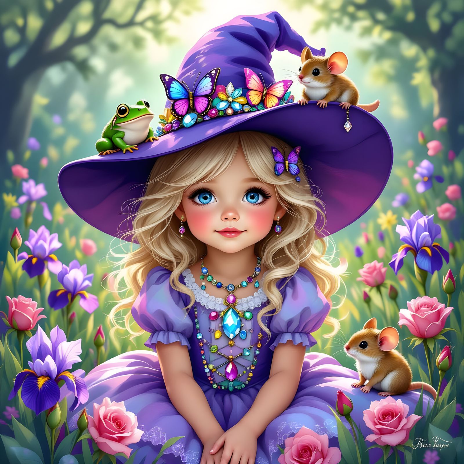 Magical Purple Hat Adorned with Butterflies, Gems, and Frogs
