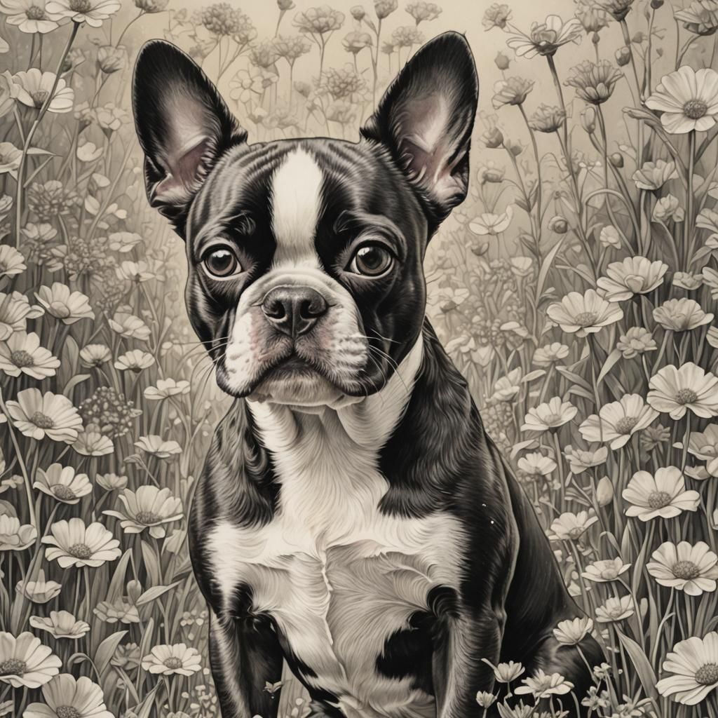 Glass Boston Terrier with Floral Field