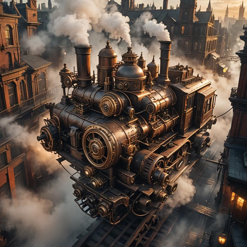 Steampunk Engine in Victorian Cityscape: Sci-Fi Illustration