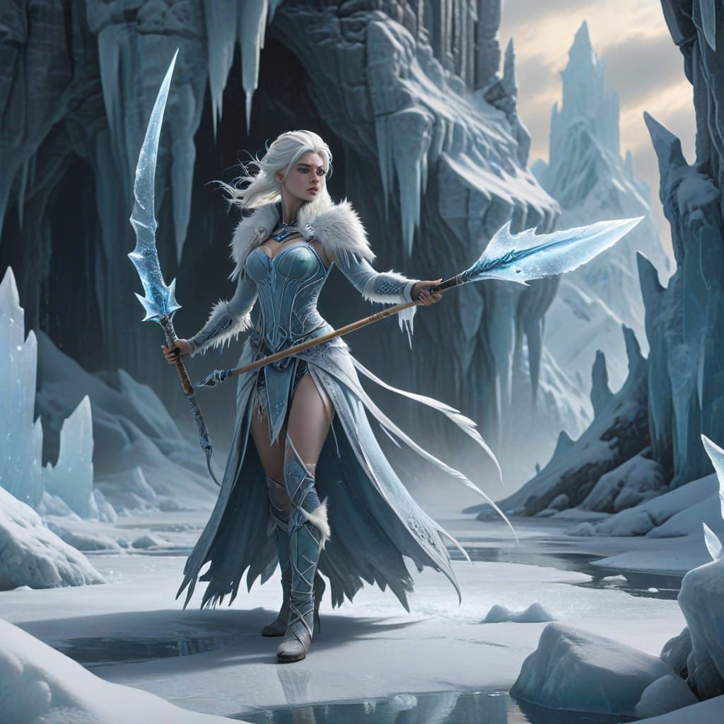 Ethereal Ice Maiden with Harpoon in Arctic Fantasy