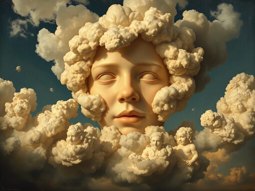 Renaissance Face in Clouds, Hyperdetailed 3D Art