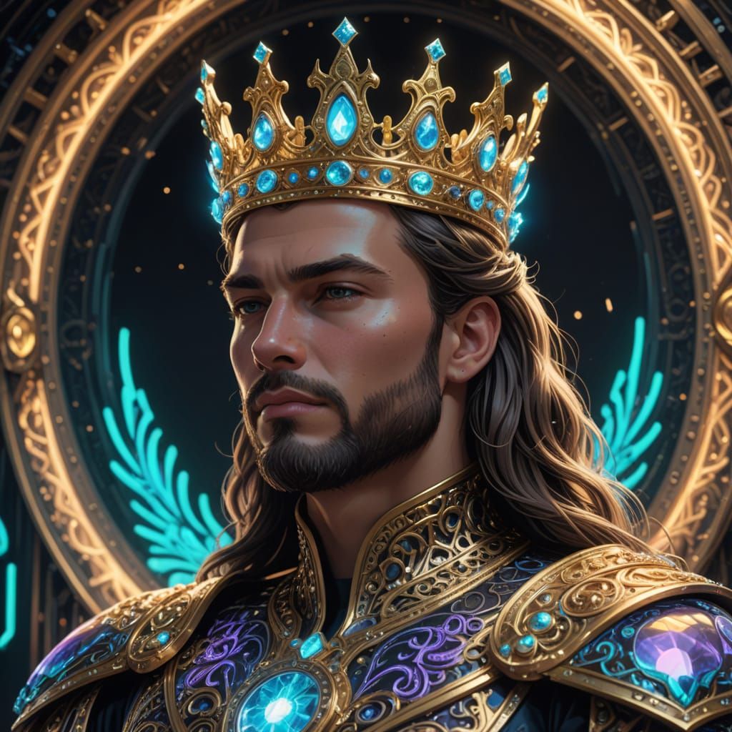 Futuristic Fantasy King in Iridescent Neon Crown