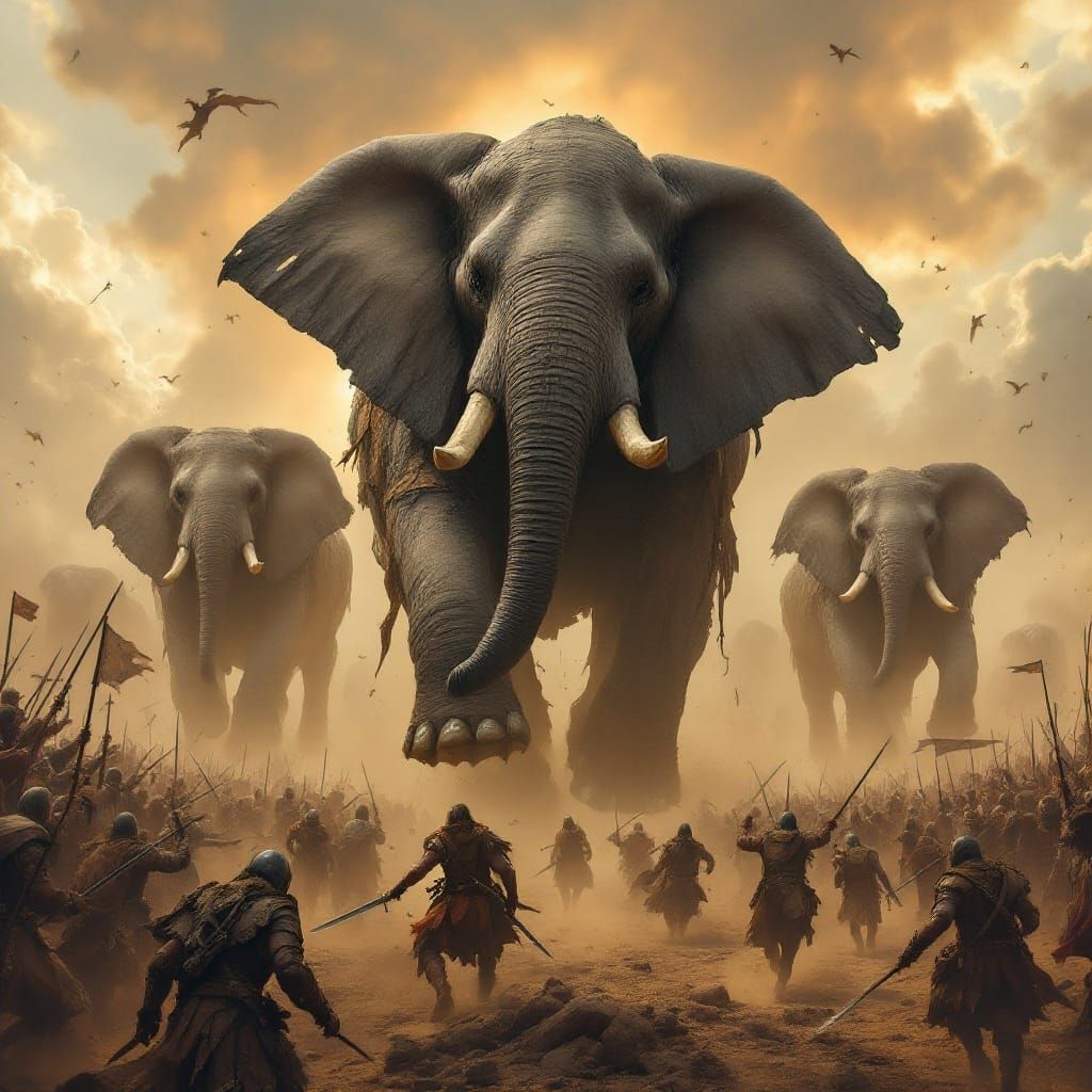 Epic Medieval Battle with War Elephants and Warriors in Dram...