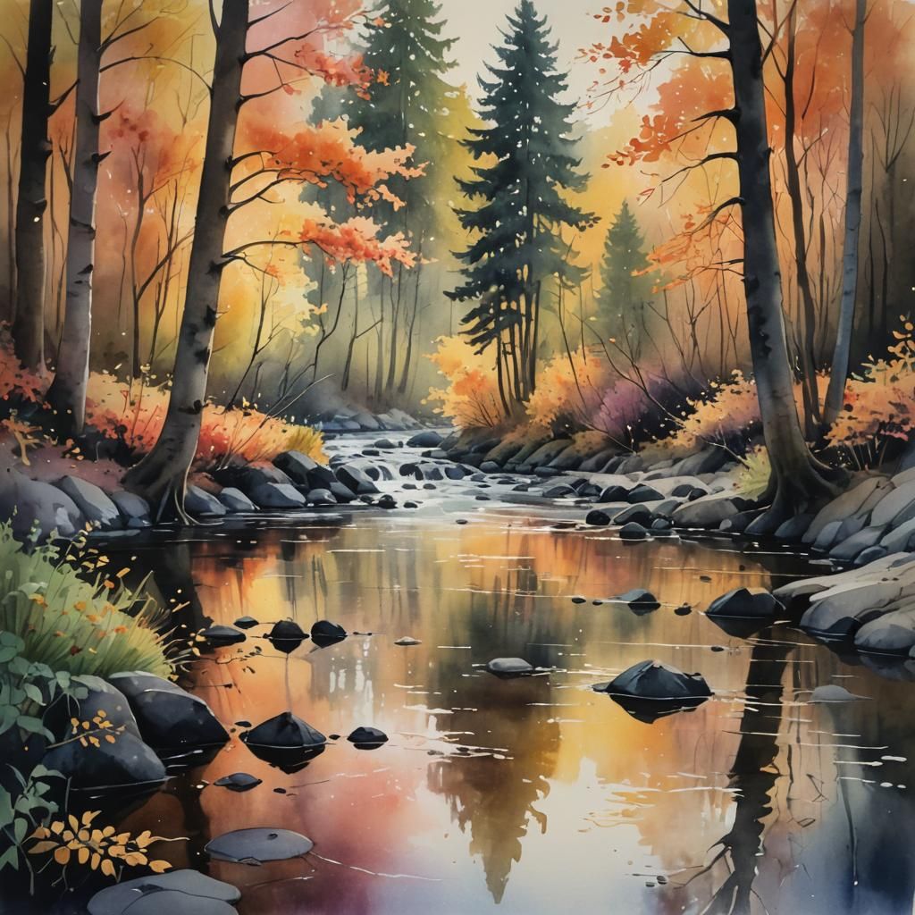 Autumn Stream Landscape in Watercolour Style