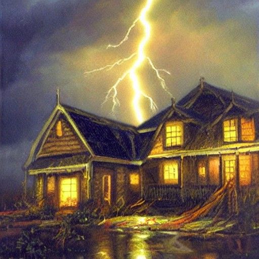Lightning Strikes Horror House with Pet, Oil Painting