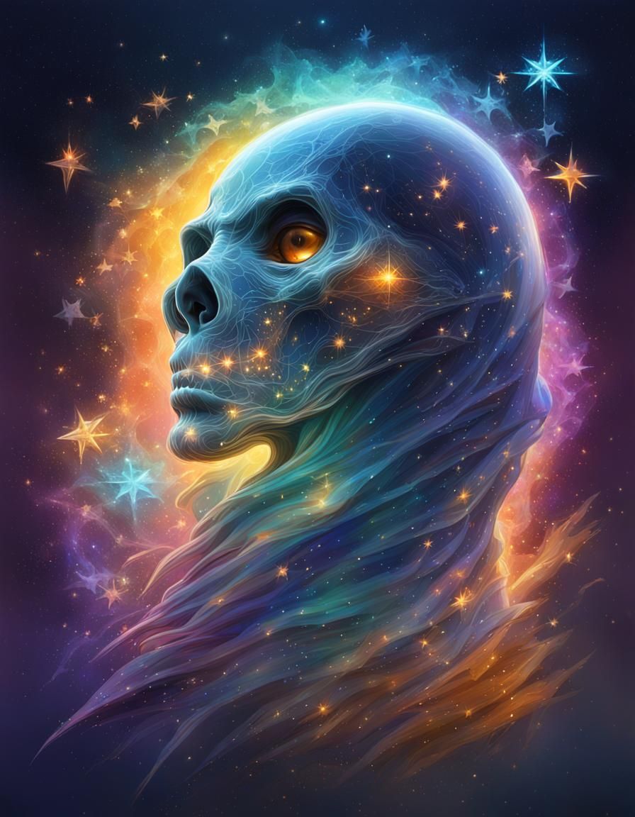 Ethereal Ghost Floating in Colorful Starry Sky