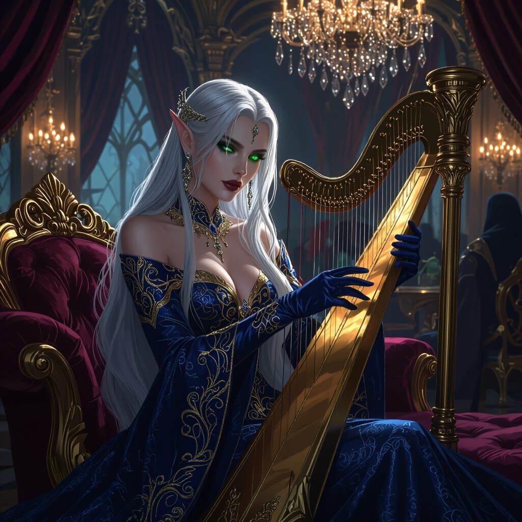 Elegant Sin'dorei Harpist in Opulent Setting