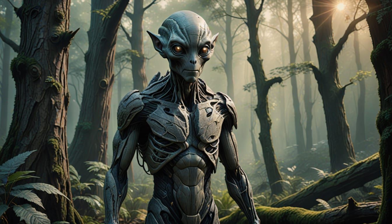 Grey Alien in Woodland Scene: Realistic Sci-Fi Art