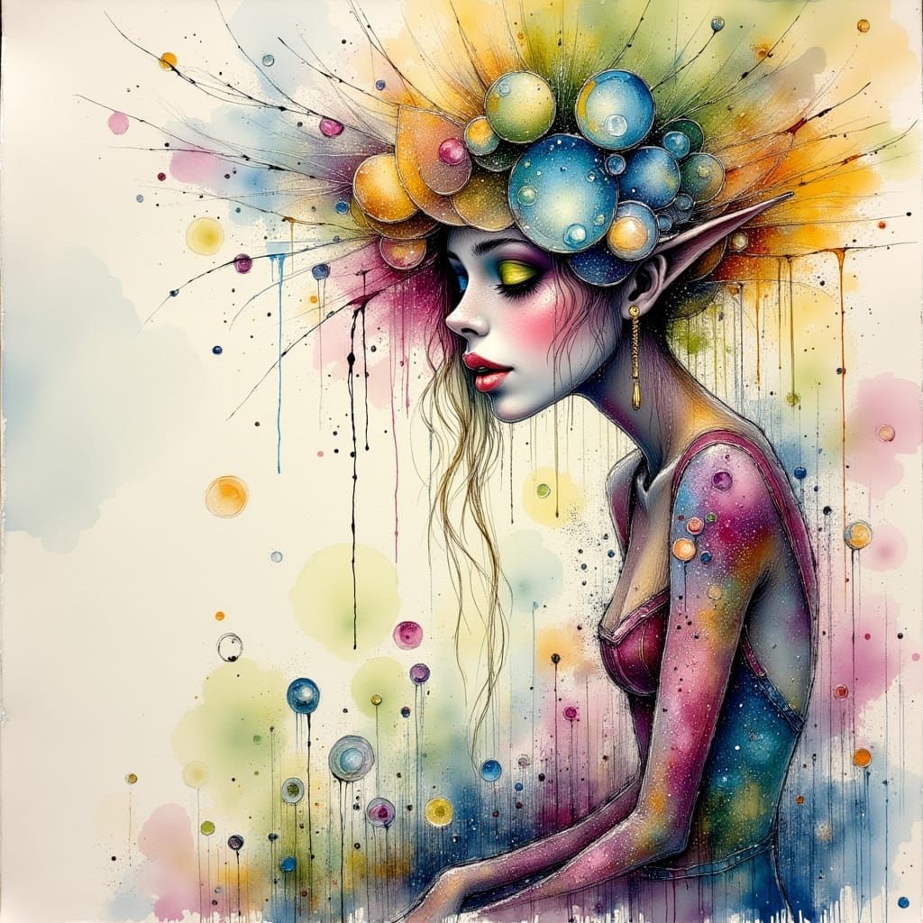 Ethereal Forest Fae in Alcohol Ink and Watercolor Style