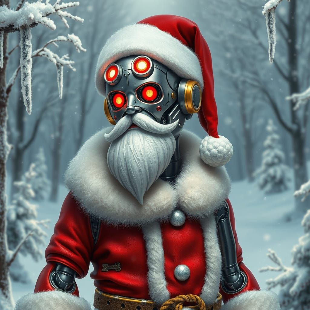 Metallic Robot Santa Claus in Futuristic Winter Wonderland