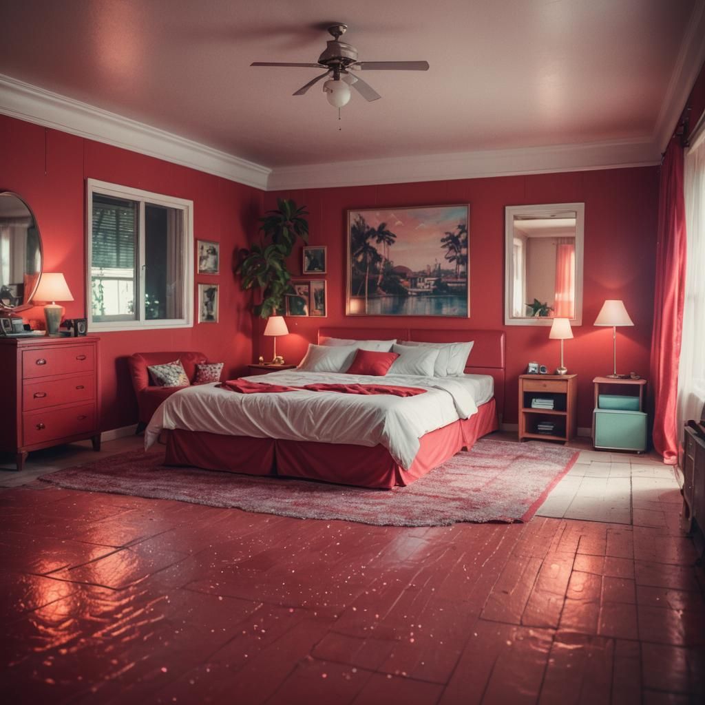 Vintage Red Bedroom with Pool: 80s Photography