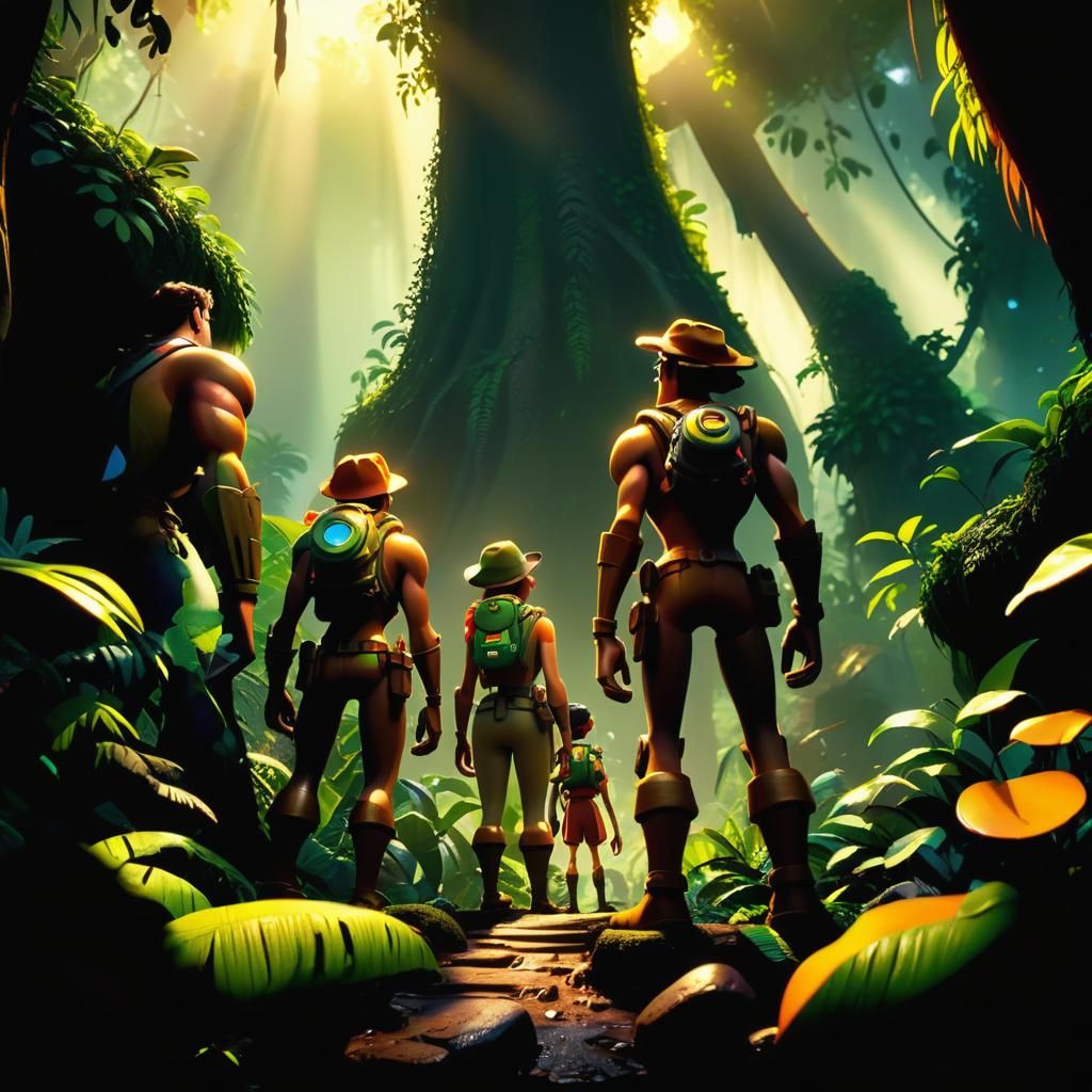 Adventurers in Lush Jungle, Pixar-Style 3D Art
