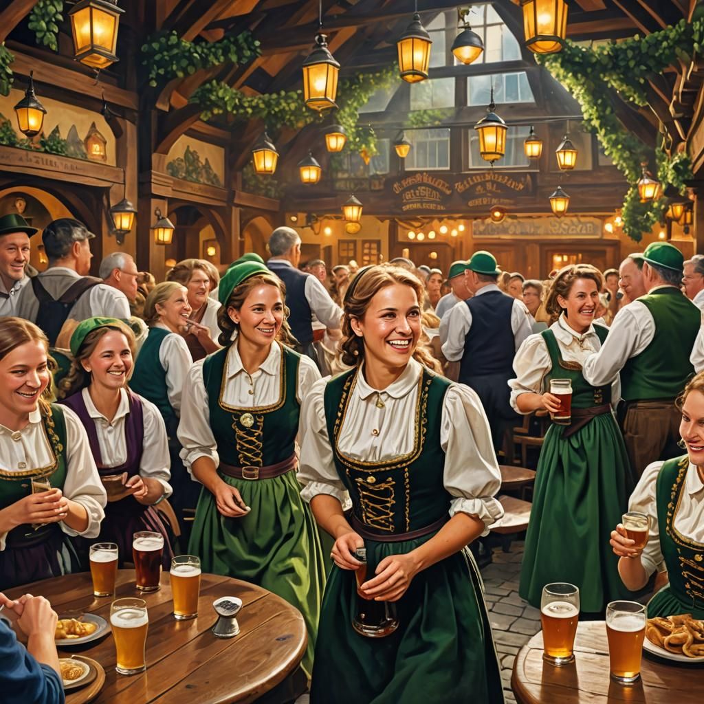 Oktoberfest Biergarten Scene in Whimsical Folk Art