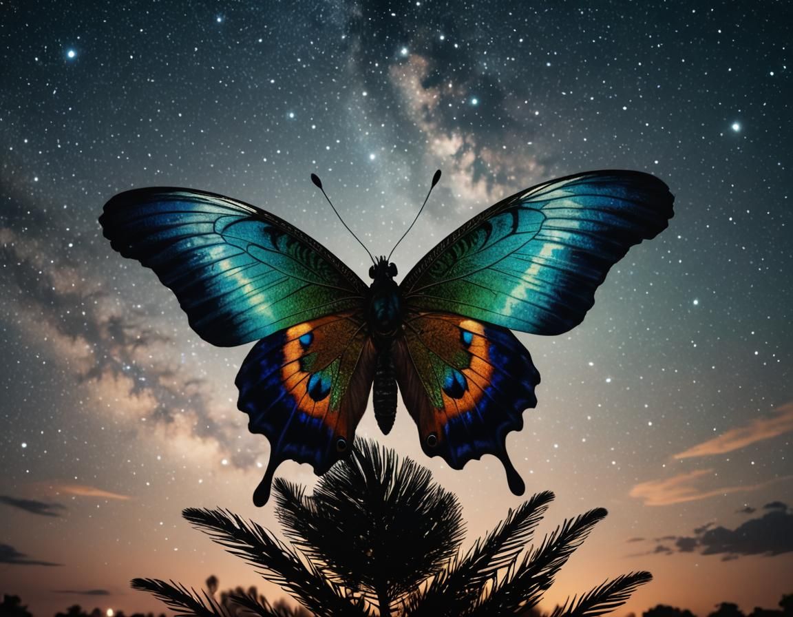 Majestic Peacock Butterfly Unveiled by Starry Night Sky