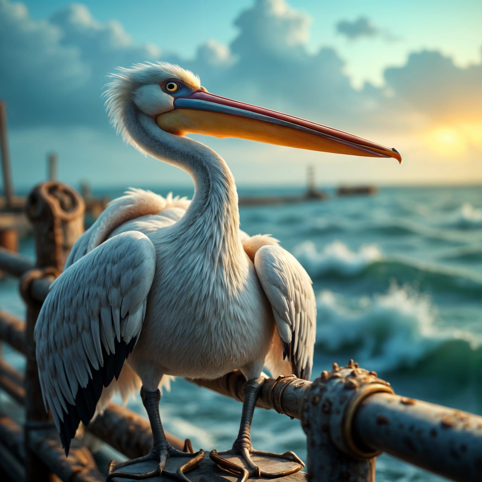 Hyperrealistic Pelican on Weathered Fishing Pier
