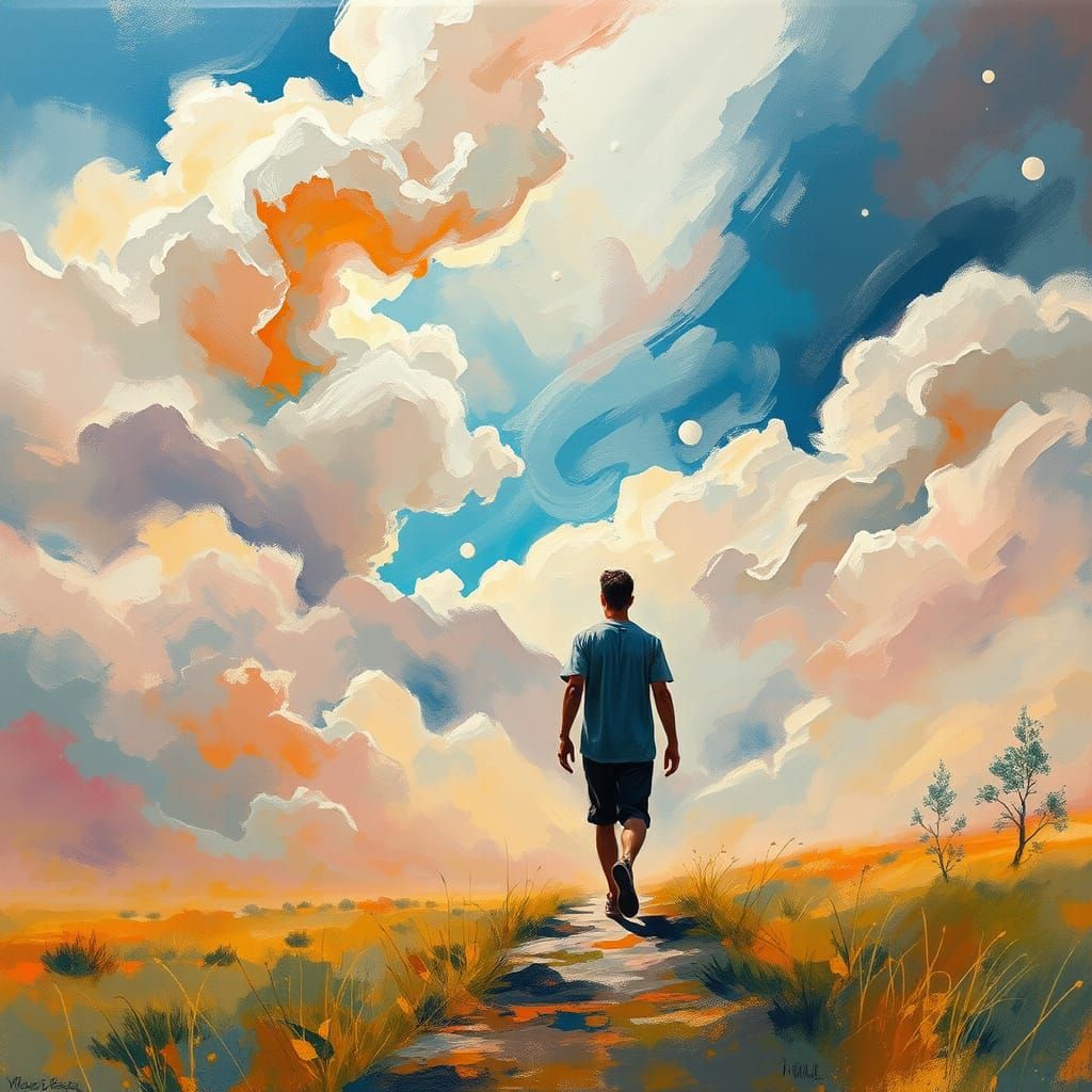 Dreamy Landscape with Man, in Gouache and Watercolor Style