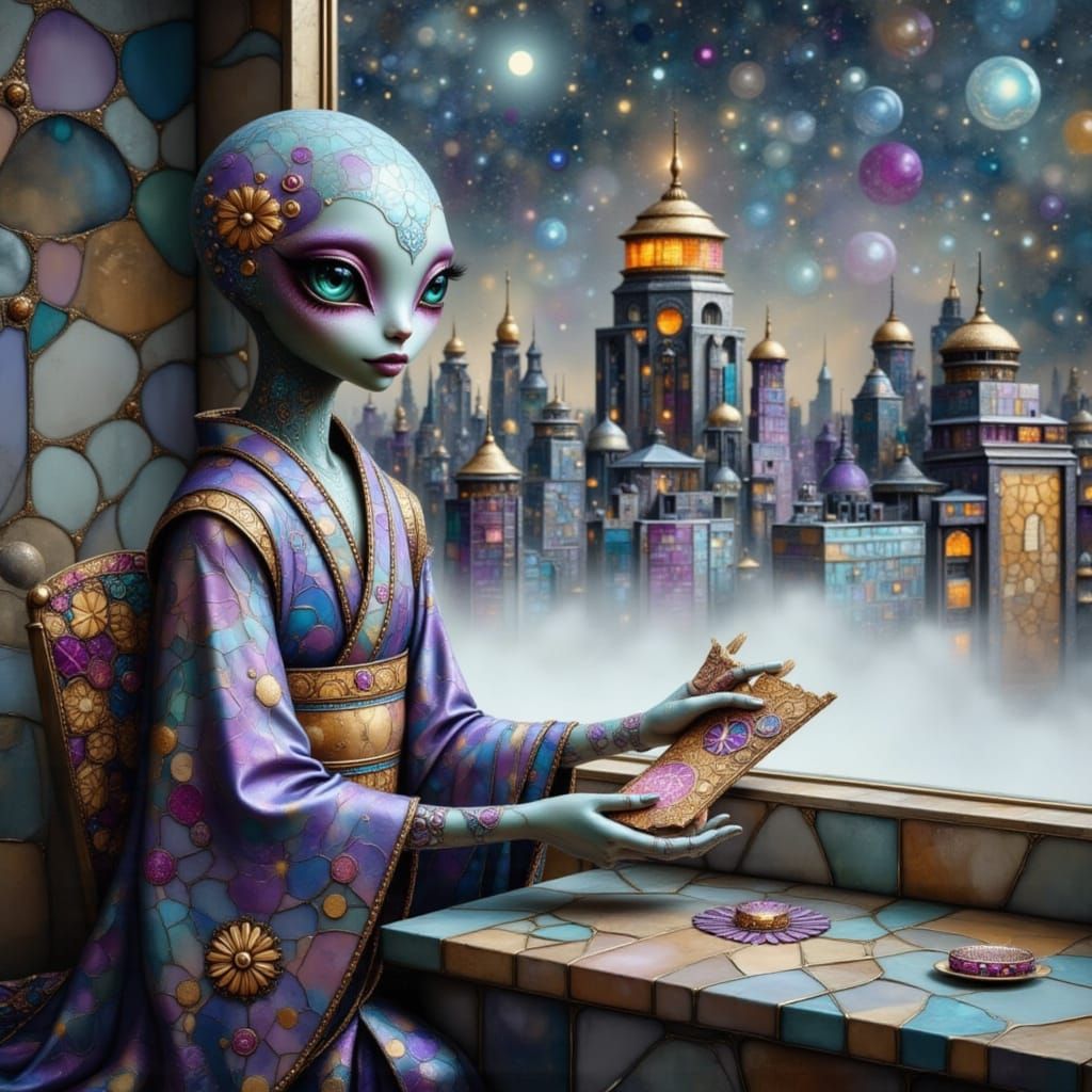 Serene Alien in Kimono Overlooking Futuristic City