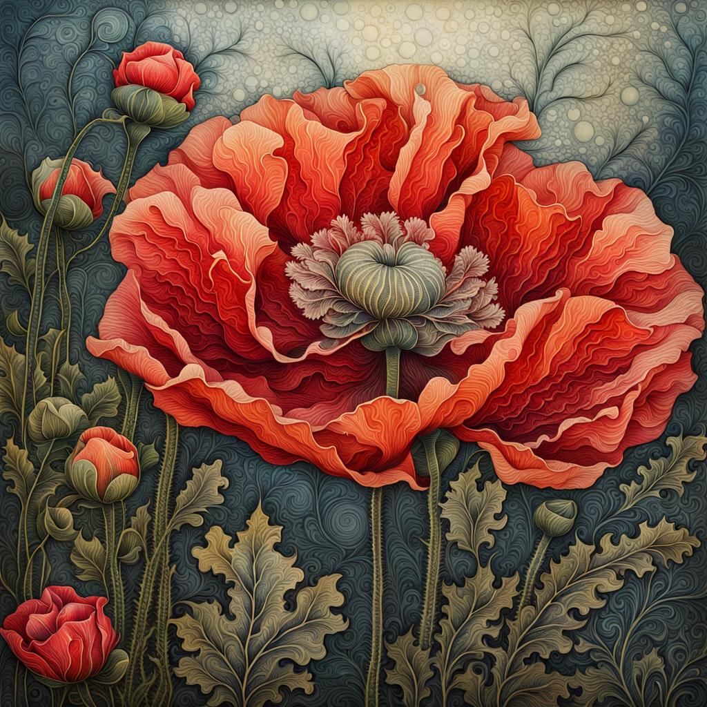 Ethereal Poppy in Collagraph Print Style